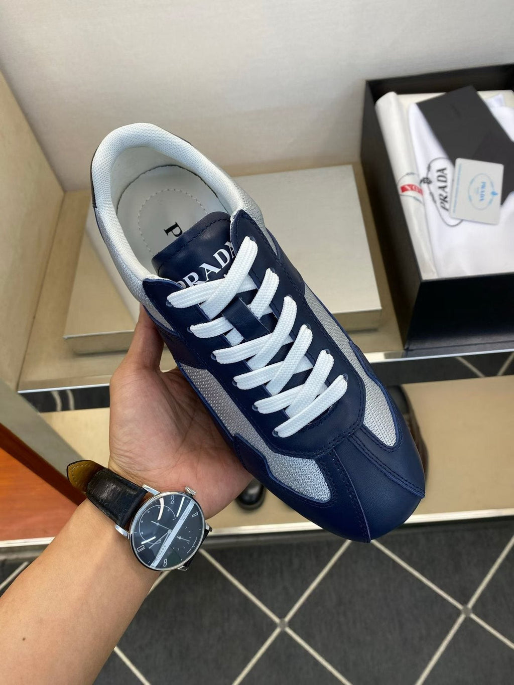 Prada Men's Navy Blue Panel Low-Top Sneakers