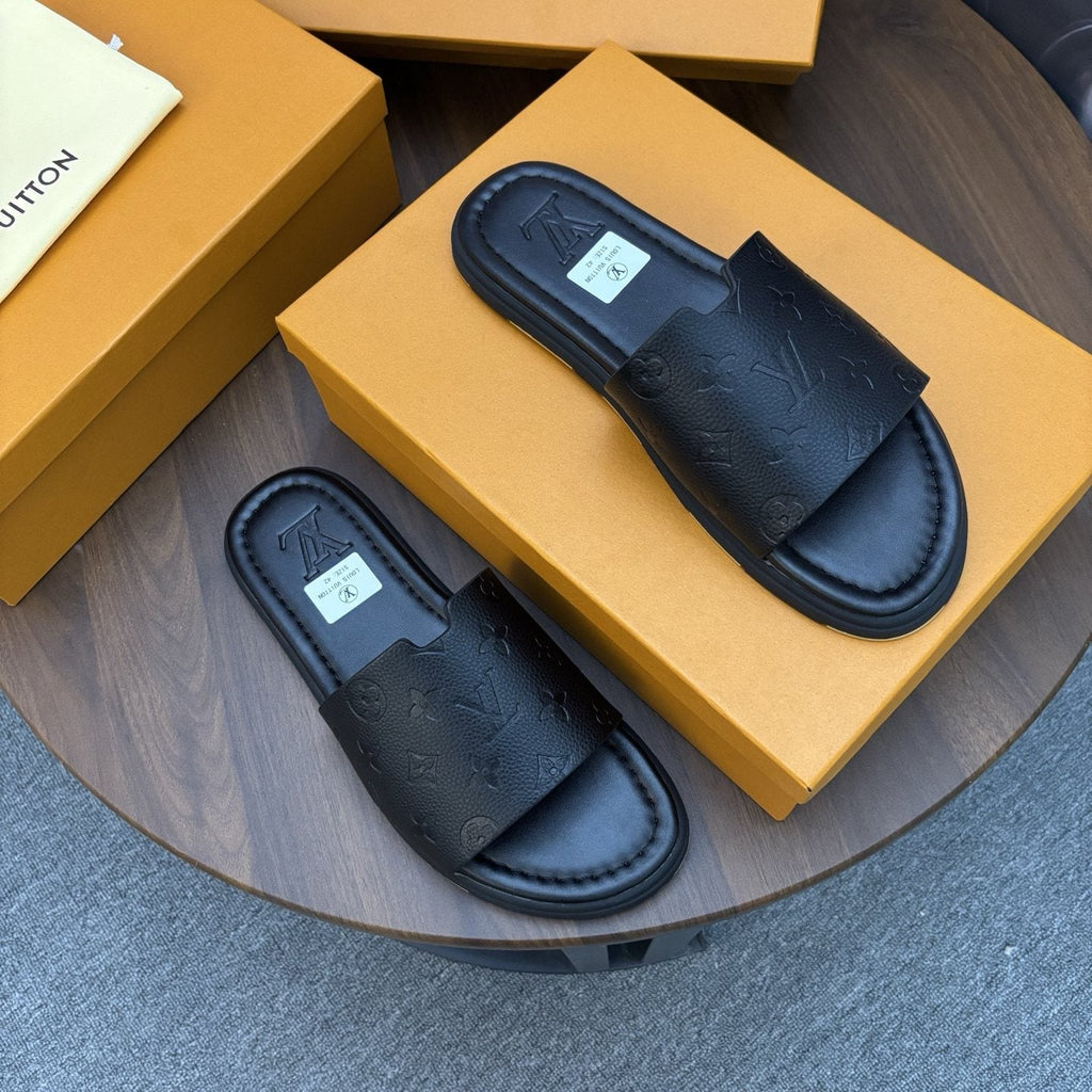 Louis Vuitton Men's Black Embossed Strap Slide Sandals