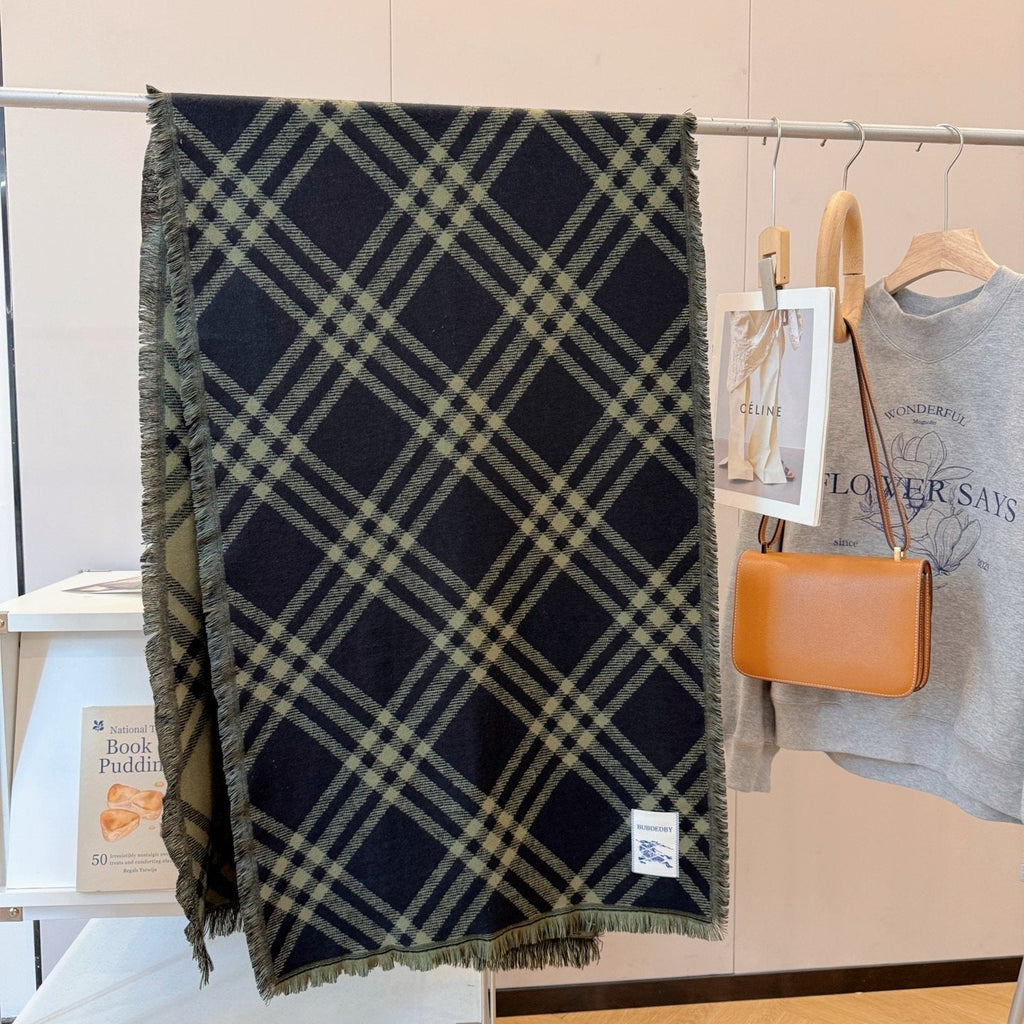 Burberry Black and Olive Green Plaid Scarf
