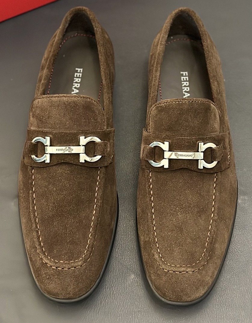 Ferragamo Brown Metal-Detail Loafers